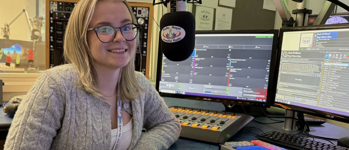 Kayla MacDonald in the Radio Royal Studio at Forth Valley Royal Hospital