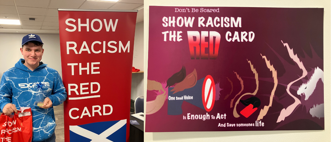 Dawid Rola, NC Graphic Design Student, Proudly Displays His Award Winning Anti Racism Poster At Hampden Park, Where He Claimed First Place In The SQA Show Racism The Red Card Competition