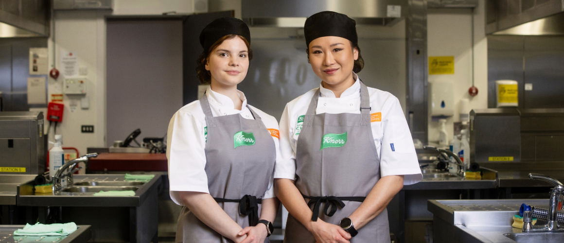 Nahui Keiss (right) and Anastasiia Severina (left) from Forth Valley College celebrate their victory in Knorr Professional’s Scottish Student Chef of the Year 2025 competition, earning an all-expenses-paid culinary trip to Italy.
