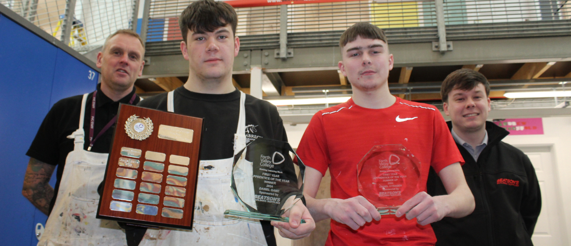 Forth Valley College Painting & Decorating Apprentices Daniel Game And Daniel Stringer Celebrate Their Awards, Joined By Their Mentors And Chris Edmunds From Beatson’S Building Supplies